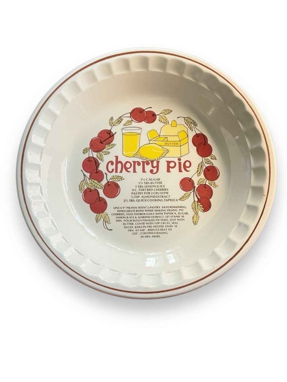 Vintage Recipe Pie Plate Cherry 11 Inch Baking Dish White‎ Ceramic Bakeware